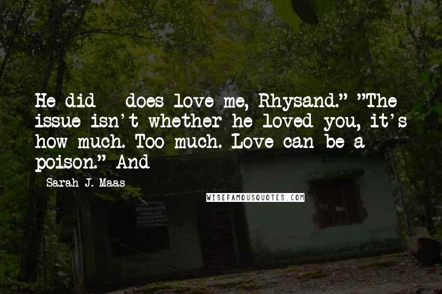 Sarah J. Maas Quotes: He did - does love me, Rhysand." "The issue isn't whether he loved you, it's how much. Too much. Love can be a poison." And