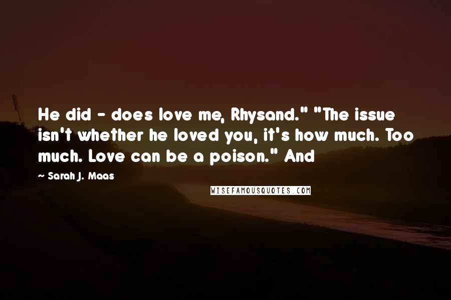 Sarah J. Maas Quotes: He did - does love me, Rhysand." "The issue isn't whether he loved you, it's how much. Too much. Love can be a poison." And