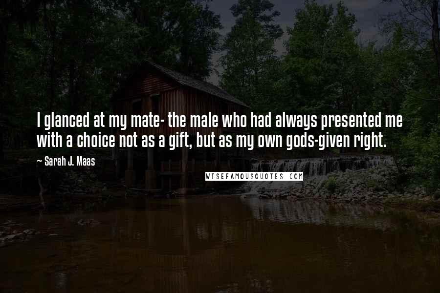 Sarah J. Maas Quotes: I glanced at my mate- the male who had always presented me with a choice not as a gift, but as my own gods-given right.