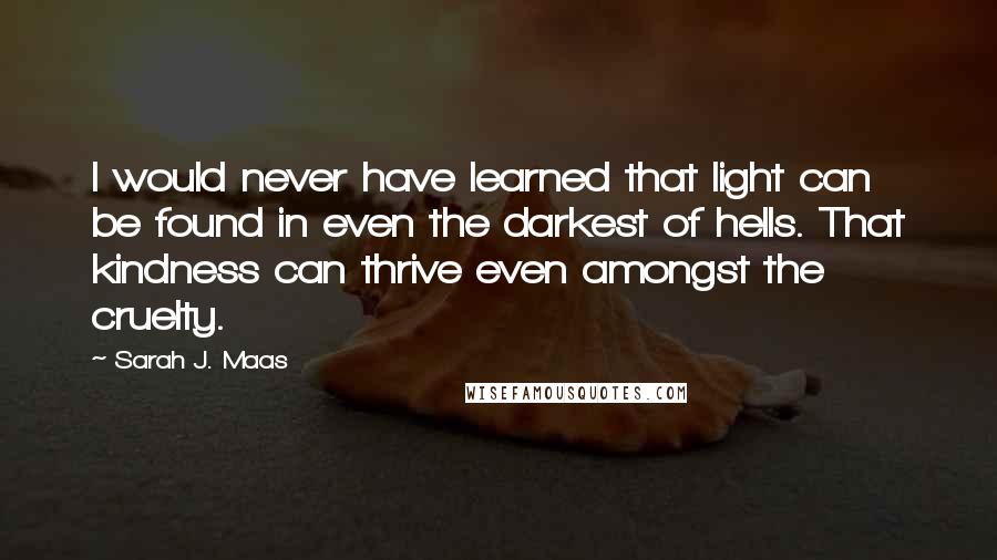 Sarah J. Maas Quotes: I would never have learned that light can be found in even the darkest of hells. That kindness can thrive even amongst the cruelty.