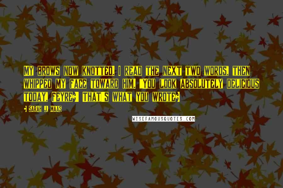 Sarah J. Maas Quotes: My brows now knotted. I read the next two words, then whipped my face toward him. "You look absolutely delicious today, Feyre?! That's what you wrote?