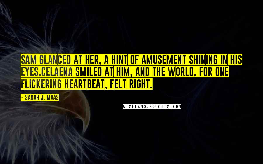 Sarah J. Maas Quotes: Sam glanced at her, a hint of amusement shining in his eyes.Celaena smiled at him, and the world, for one flickering heartbeat, felt right.