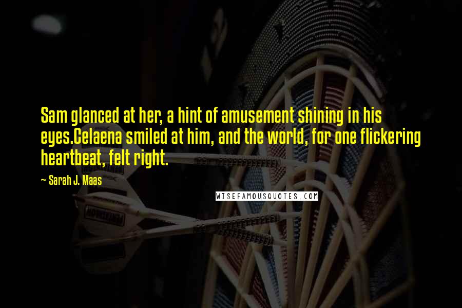 Sarah J. Maas Quotes: Sam glanced at her, a hint of amusement shining in his eyes.Celaena smiled at him, and the world, for one flickering heartbeat, felt right.