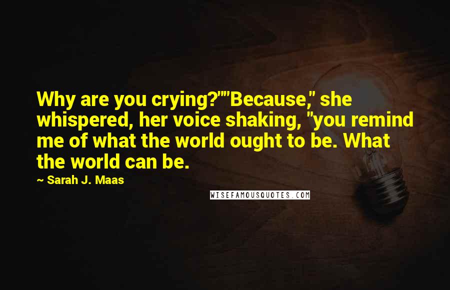 Sarah J. Maas Quotes: Why are you crying?""Because," she whispered, her voice shaking, "you remind me of what the world ought to be. What the world can be.