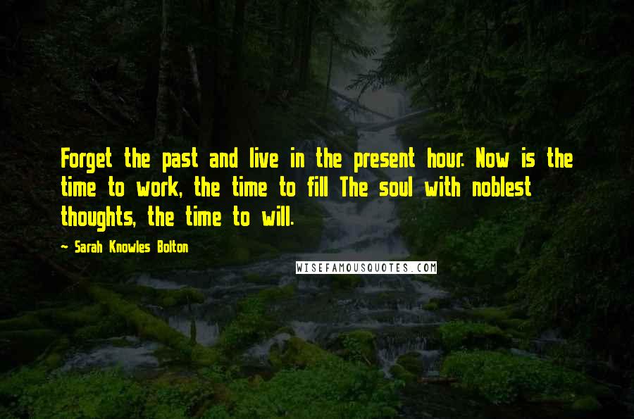 Sarah Knowles Bolton Quotes: Forget the past and live in the present hour. Now is the time to work, the time to fill The soul with noblest thoughts, the time to will.