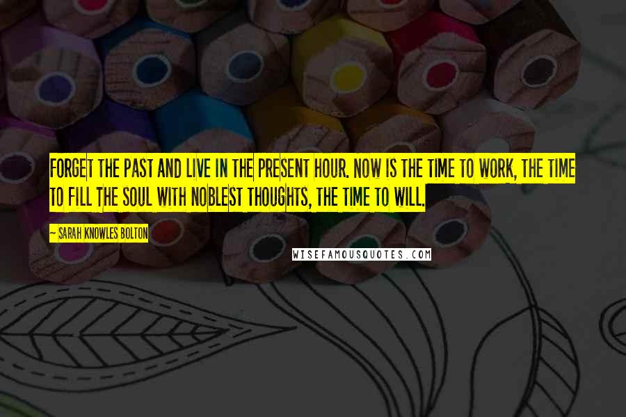 Sarah Knowles Bolton Quotes: Forget the past and live in the present hour. Now is the time to work, the time to fill The soul with noblest thoughts, the time to will.