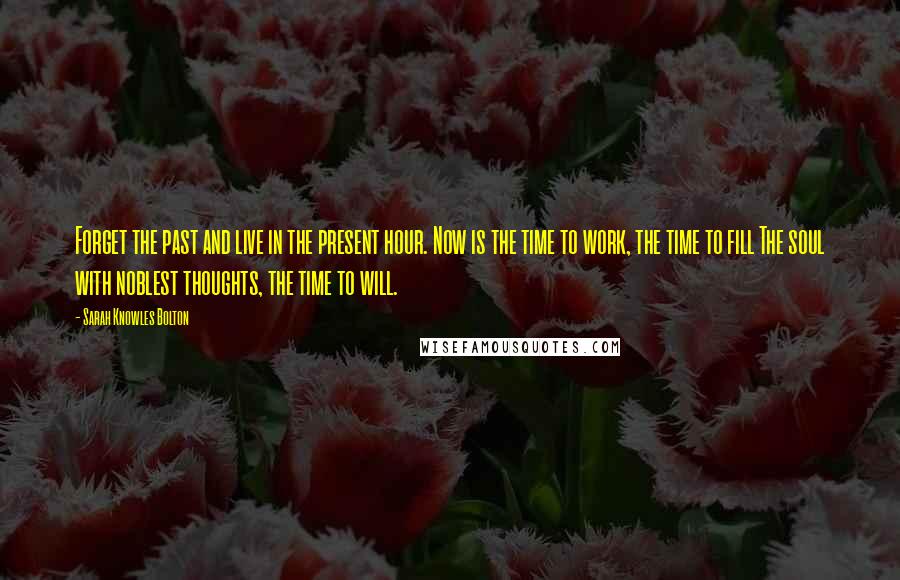 Sarah Knowles Bolton Quotes: Forget the past and live in the present hour. Now is the time to work, the time to fill The soul with noblest thoughts, the time to will.