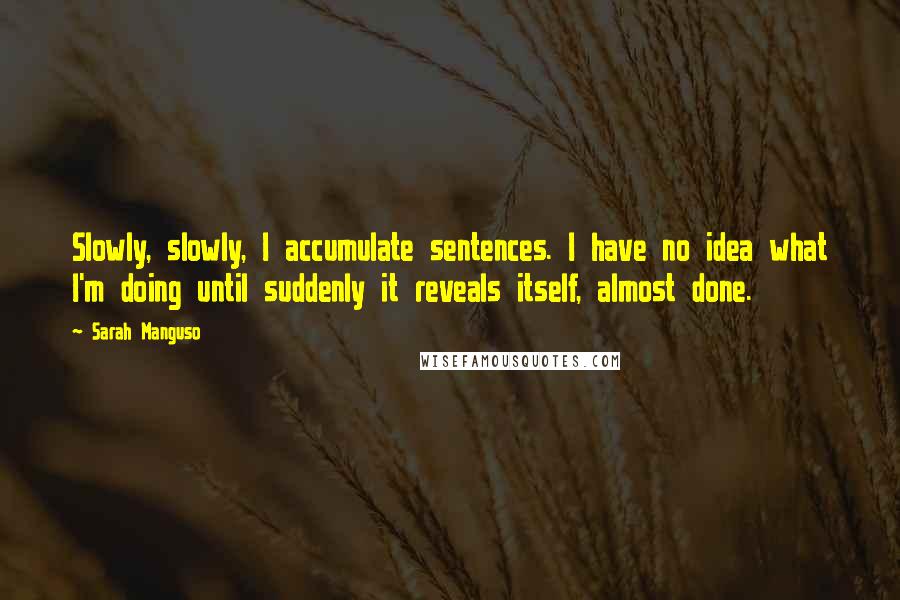 Sarah Manguso Quotes: Slowly, slowly, I accumulate sentences. I have no idea what I'm doing until suddenly it reveals itself, almost done.