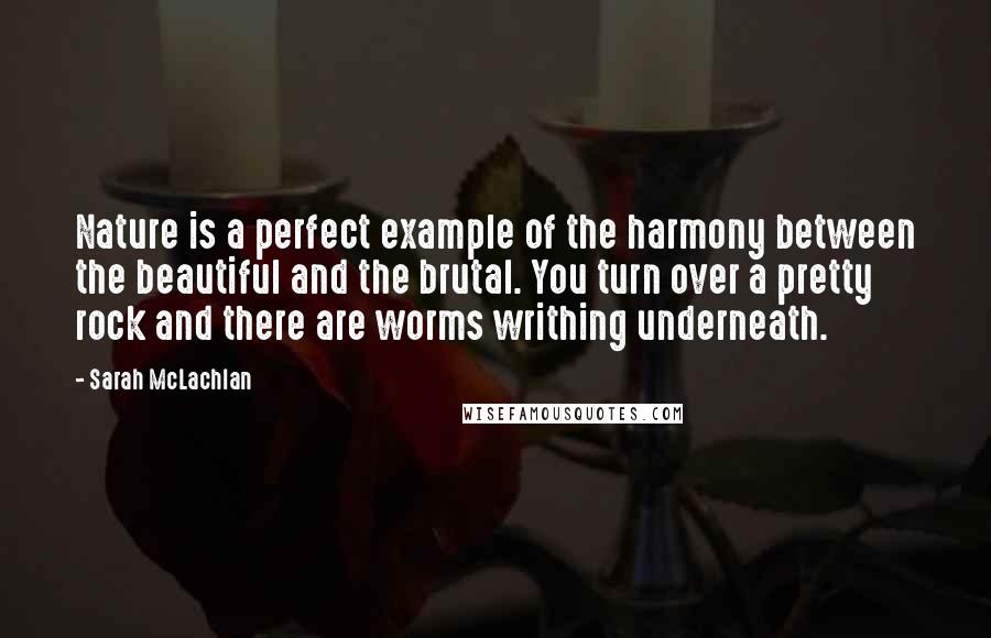 Sarah McLachlan Quotes: Nature is a perfect example of the harmony between the beautiful and the brutal. You turn over a pretty rock and there are worms writhing underneath.