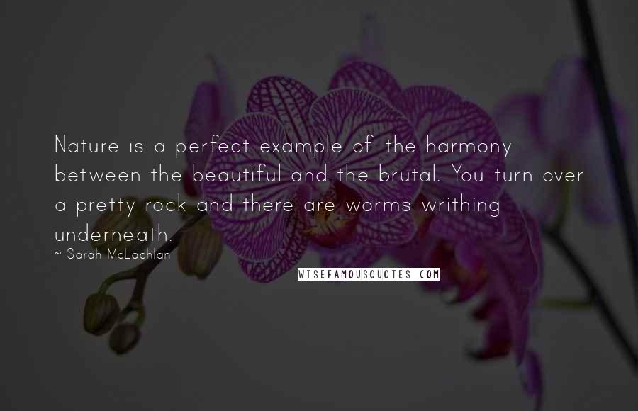 Sarah McLachlan Quotes: Nature is a perfect example of the harmony between the beautiful and the brutal. You turn over a pretty rock and there are worms writhing underneath.