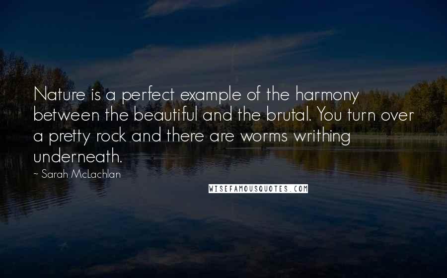Sarah McLachlan Quotes: Nature is a perfect example of the harmony between the beautiful and the brutal. You turn over a pretty rock and there are worms writhing underneath.