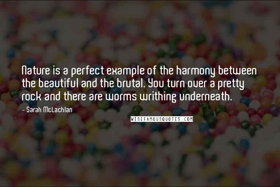 Sarah McLachlan Quotes: Nature is a perfect example of the harmony between the beautiful and the brutal. You turn over a pretty rock and there are worms writhing underneath.