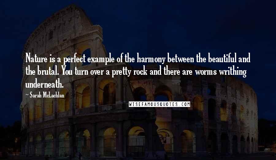 Sarah McLachlan Quotes: Nature is a perfect example of the harmony between the beautiful and the brutal. You turn over a pretty rock and there are worms writhing underneath.