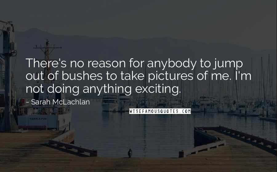 Sarah McLachlan Quotes: There's no reason for anybody to jump out of bushes to take pictures of me. I'm not doing anything exciting.