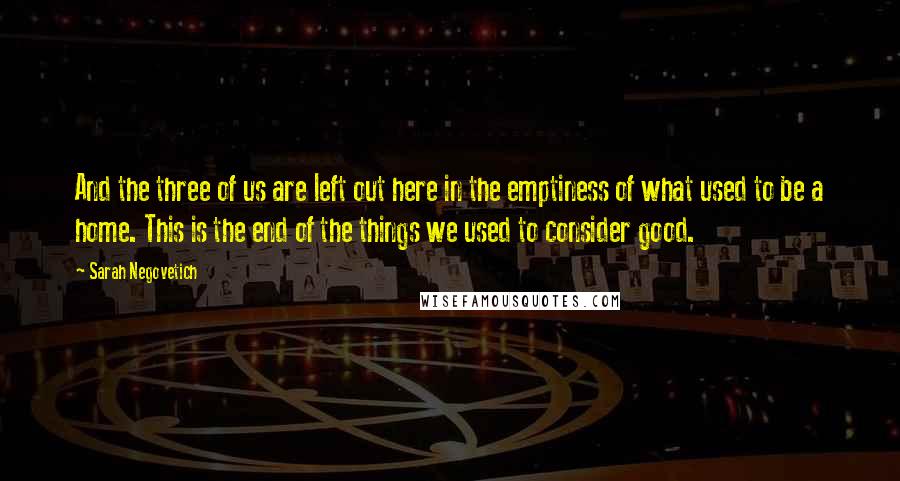 Sarah Negovetich Quotes: And the three of us are left out here in the emptiness of what used to be a home. This is the end of the things we used to consider good.