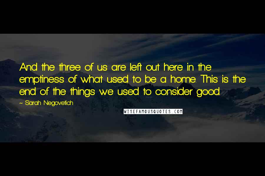 Sarah Negovetich Quotes: And the three of us are left out here in the emptiness of what used to be a home. This is the end of the things we used to consider good.