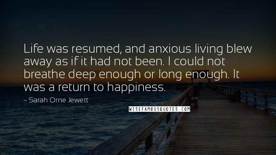 Sarah Orne Jewett Quotes: Life was resumed, and anxious living blew away as if it had not been. I could not breathe deep enough or long enough. It was a return to happiness.