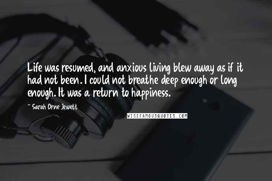 Sarah Orne Jewett Quotes: Life was resumed, and anxious living blew away as if it had not been. I could not breathe deep enough or long enough. It was a return to happiness.