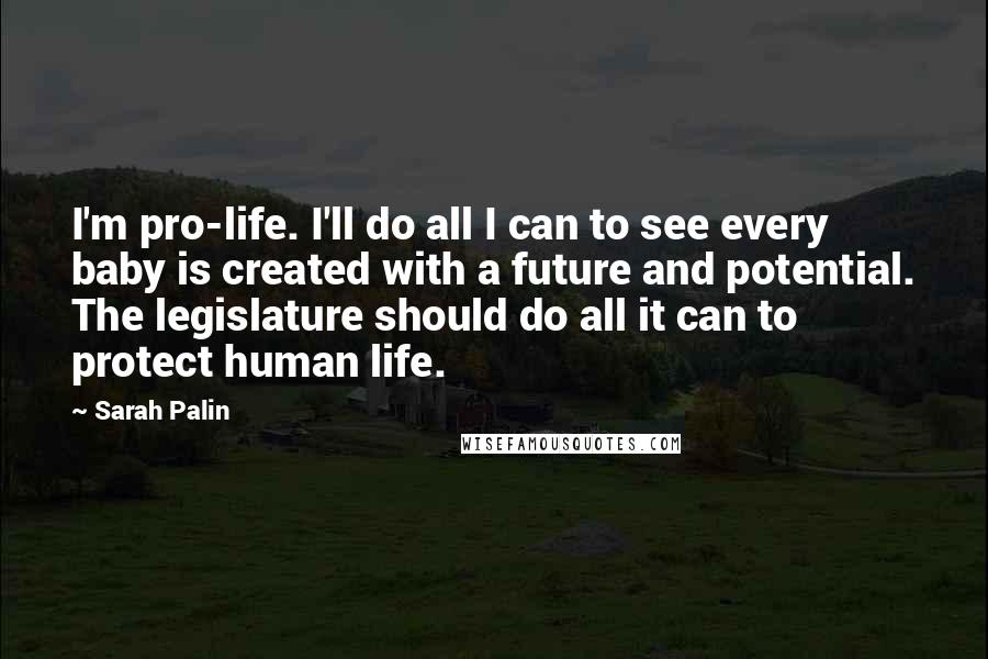 Sarah Palin Quotes: I'm pro-life. I'll do all I can to see every baby is created with a future and potential. The legislature should do all it can to protect human life.