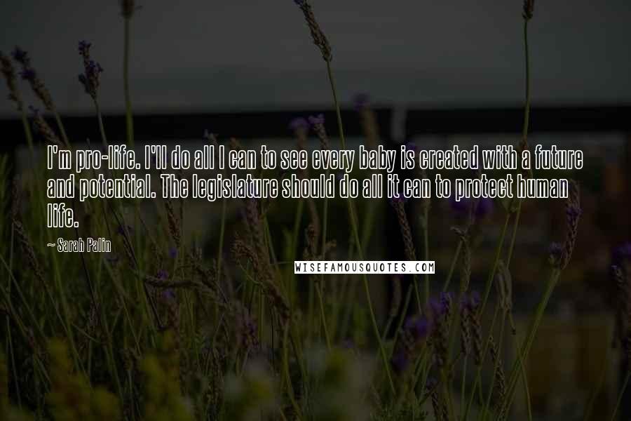 Sarah Palin Quotes: I'm pro-life. I'll do all I can to see every baby is created with a future and potential. The legislature should do all it can to protect human life.