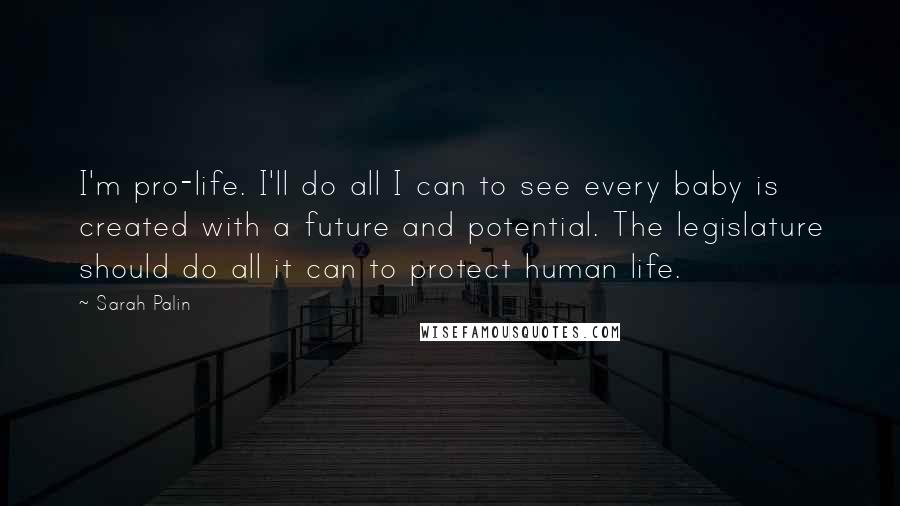 Sarah Palin Quotes: I'm pro-life. I'll do all I can to see every baby is created with a future and potential. The legislature should do all it can to protect human life.