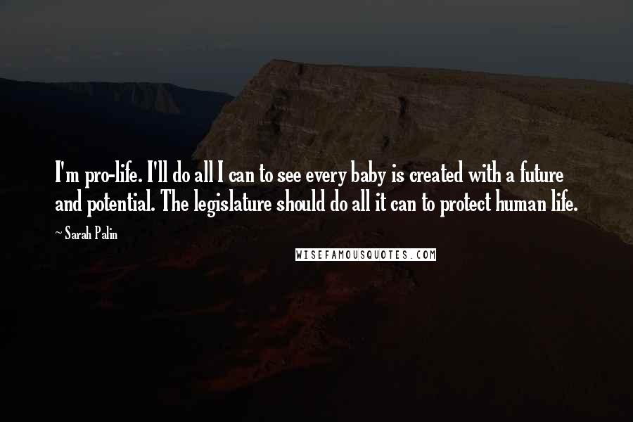 Sarah Palin Quotes: I'm pro-life. I'll do all I can to see every baby is created with a future and potential. The legislature should do all it can to protect human life.