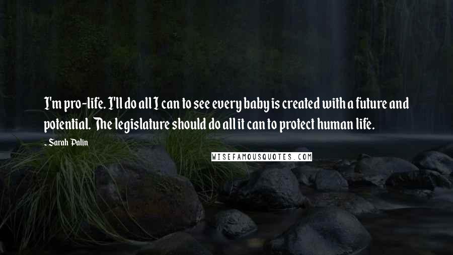 Sarah Palin Quotes: I'm pro-life. I'll do all I can to see every baby is created with a future and potential. The legislature should do all it can to protect human life.