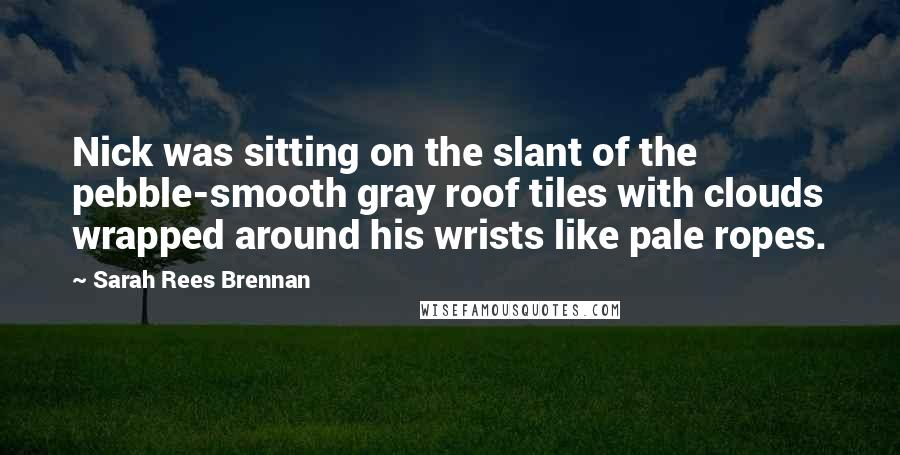 Sarah Rees Brennan Quotes: Nick was sitting on the slant of the pebble-smooth gray roof tiles with clouds wrapped around his wrists like pale ropes.