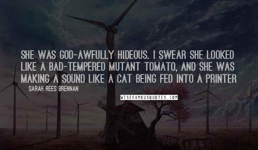 Sarah Rees Brennan Quotes: She was god-awfully hideous. I swear she looked like a bad-tempered mutant tomato, and she was making a sound like a cat being fed into a printer