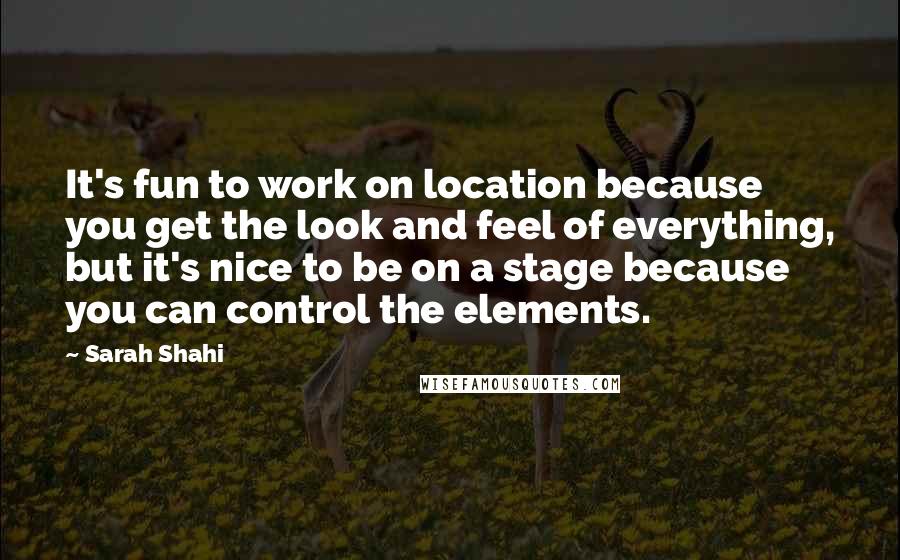 Sarah Shahi Quotes: It's fun to work on location because you get the look and feel of everything, but it's nice to be on a stage because you can control the elements.