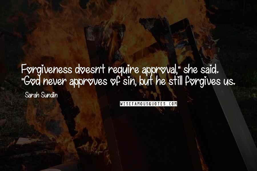 Sarah Sundin Quotes: Forgiveness doesn't require approval," she said. "God never approves of sin, but he still forgives us.
