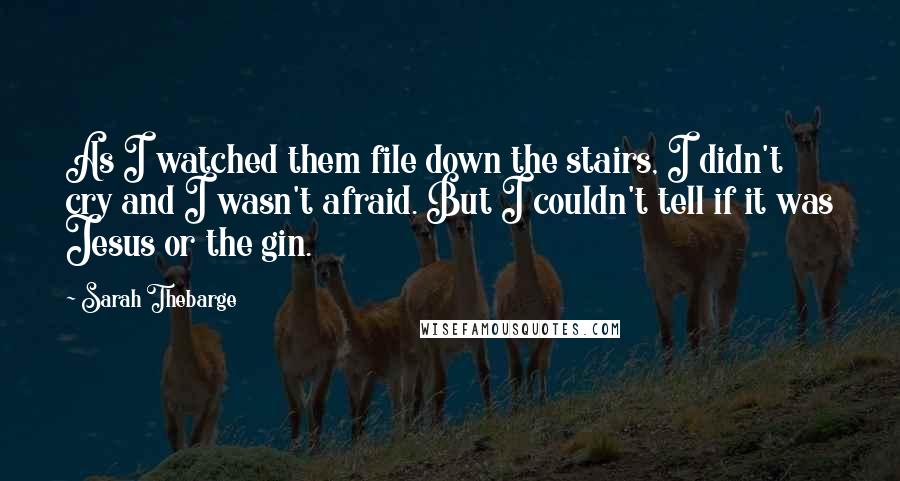 Sarah Thebarge Quotes: As I watched them file down the stairs, I didn't cry and I wasn't afraid. But I couldn't tell if it was Jesus or the gin.