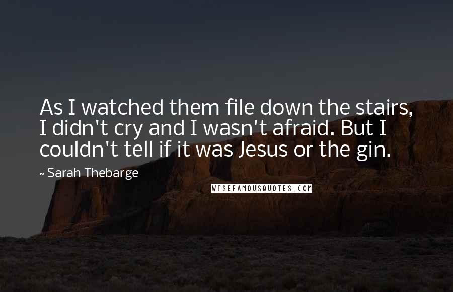 Sarah Thebarge Quotes: As I watched them file down the stairs, I didn't cry and I wasn't afraid. But I couldn't tell if it was Jesus or the gin.