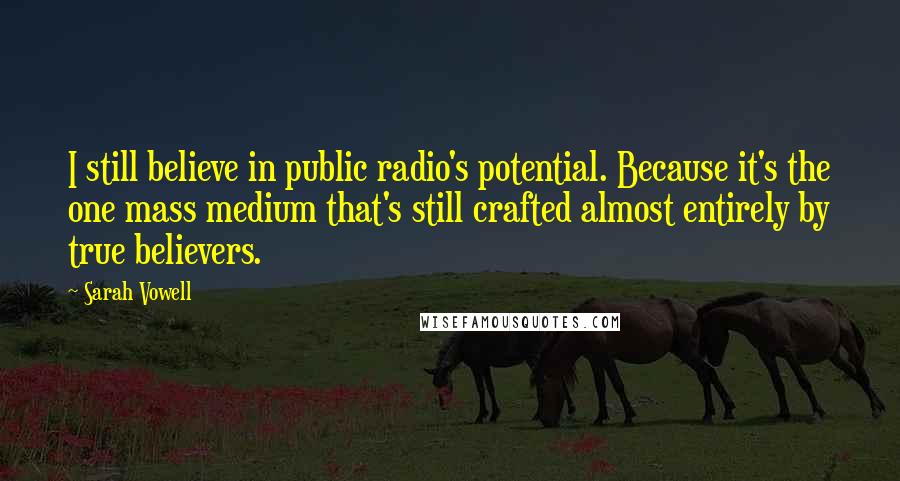 Sarah Vowell Quotes: I still believe in public radio's potential. Because it's the one mass medium that's still crafted almost entirely by true believers.