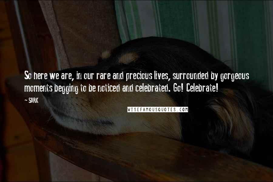 SARK Quotes: So here we are, in our rare and precious lives, surrounded by gorgeous moments begging to be noticed and celebrated. Go! Celebrate!