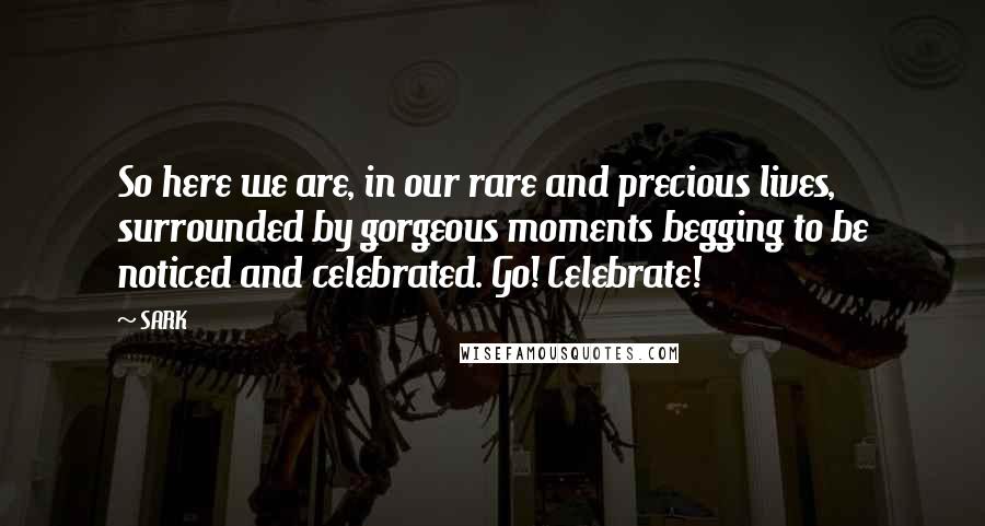 SARK Quotes: So here we are, in our rare and precious lives, surrounded by gorgeous moments begging to be noticed and celebrated. Go! Celebrate!