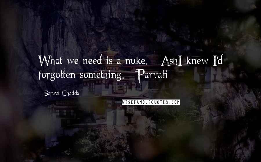 Sarwat Chadda Quotes: What we need is a nuke. - AshI knew I'd forgotten something. - Parvati