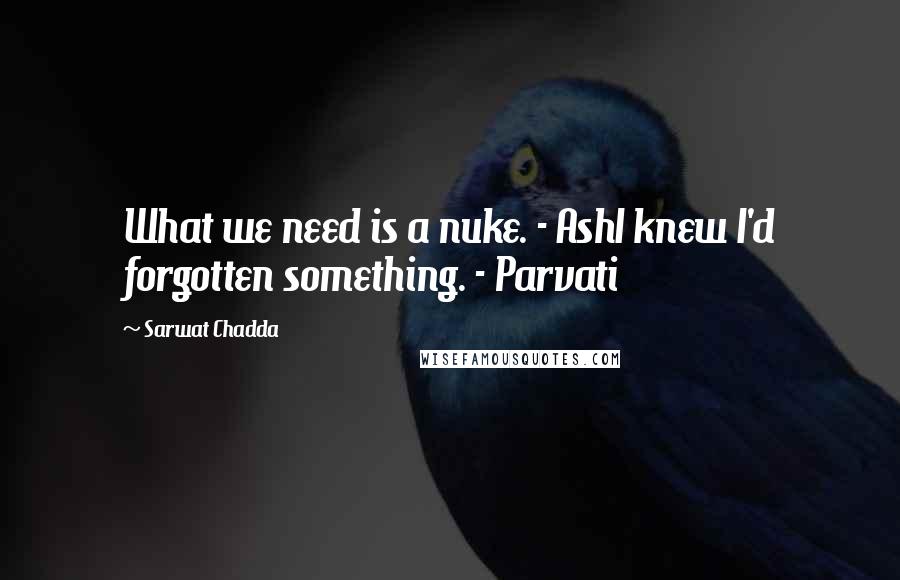 Sarwat Chadda Quotes: What we need is a nuke. - AshI knew I'd forgotten something. - Parvati