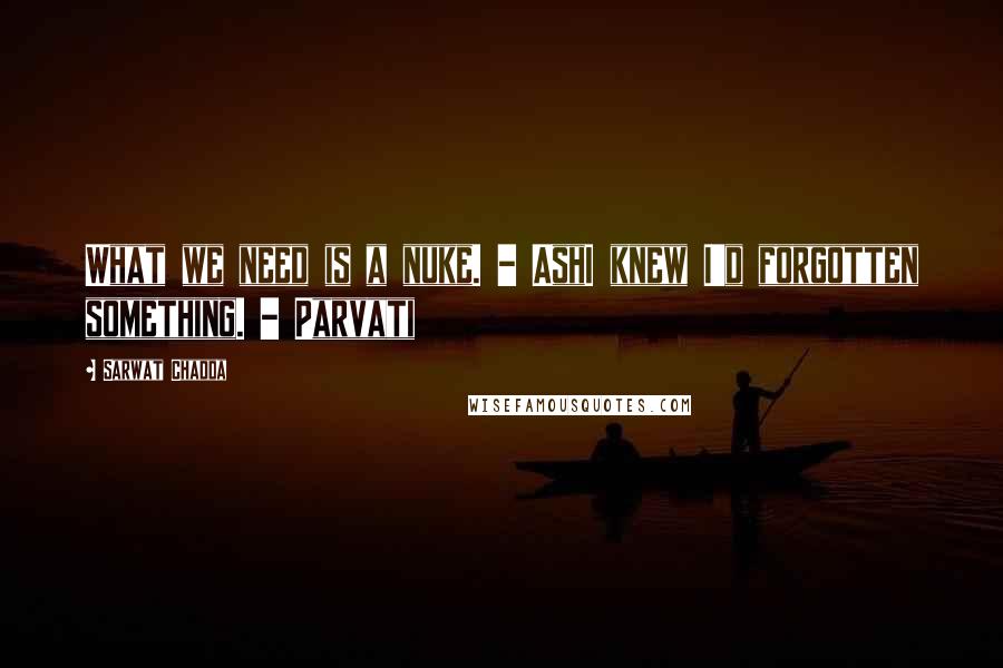 Sarwat Chadda Quotes: What we need is a nuke. - AshI knew I'd forgotten something. - Parvati