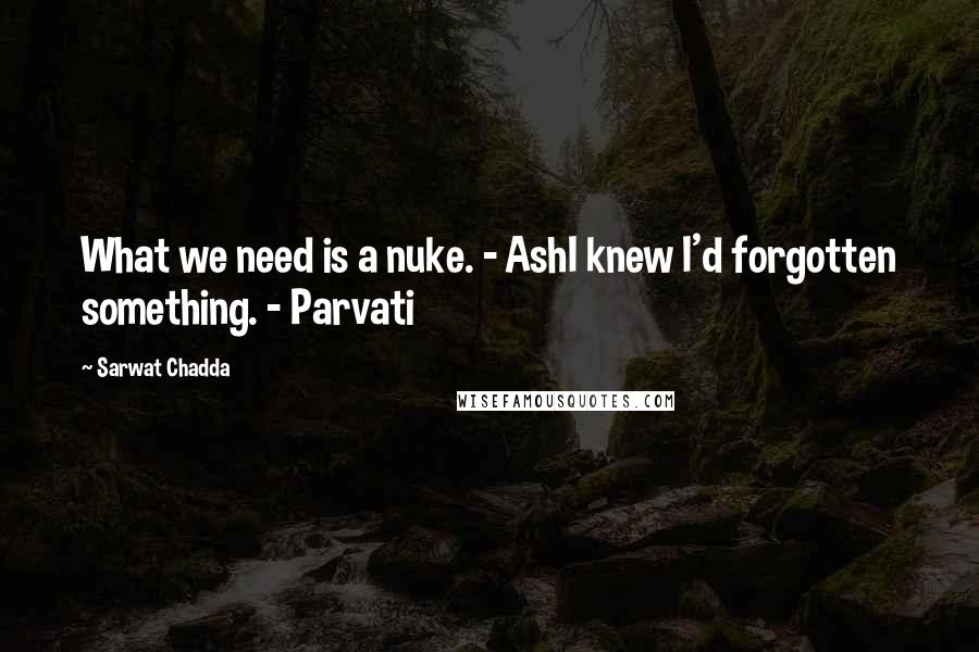 Sarwat Chadda Quotes: What we need is a nuke. - AshI knew I'd forgotten something. - Parvati