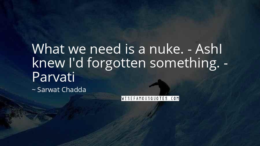 Sarwat Chadda Quotes: What we need is a nuke. - AshI knew I'd forgotten something. - Parvati