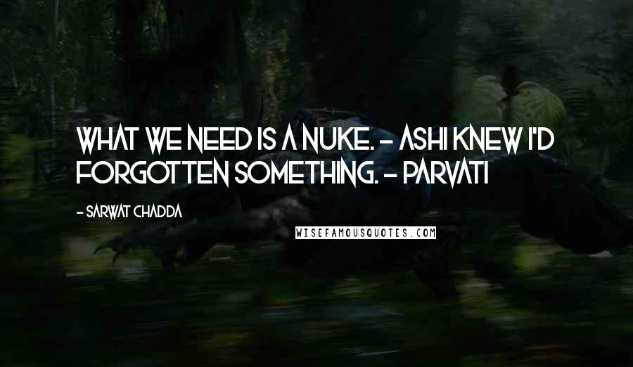 Sarwat Chadda Quotes: What we need is a nuke. - AshI knew I'd forgotten something. - Parvati