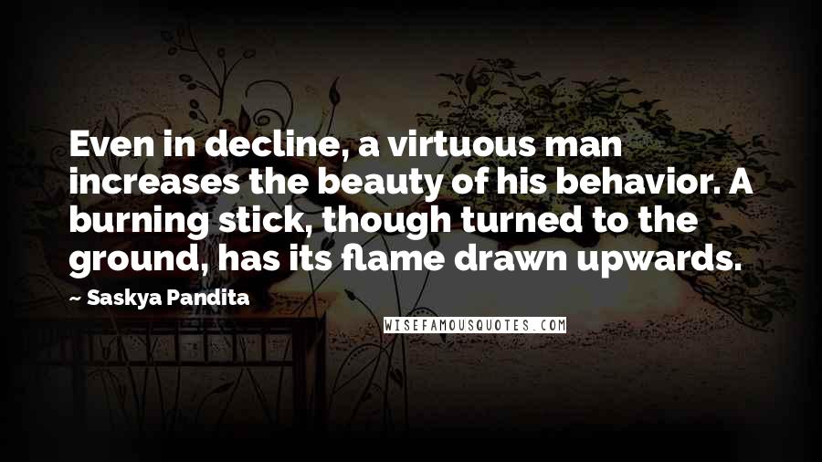 Saskya Pandita Quotes: Even in decline, a virtuous man increases the beauty of his behavior. A burning stick, though turned to the ground, has its flame drawn upwards.