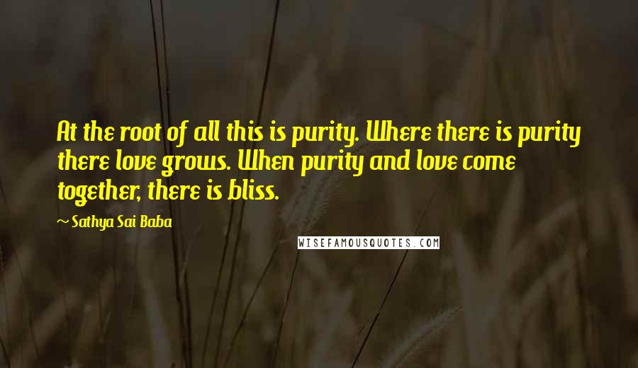 Sathya Sai Baba Quotes: At the root of all this is purity. Where there is purity there love grows. When purity and love come together, there is bliss.