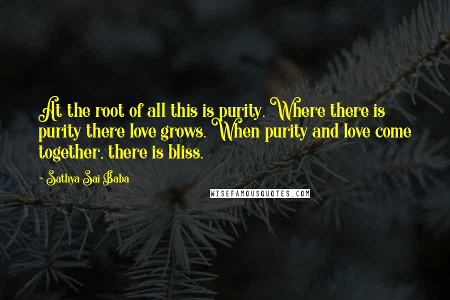 Sathya Sai Baba Quotes: At the root of all this is purity. Where there is purity there love grows. When purity and love come together, there is bliss.