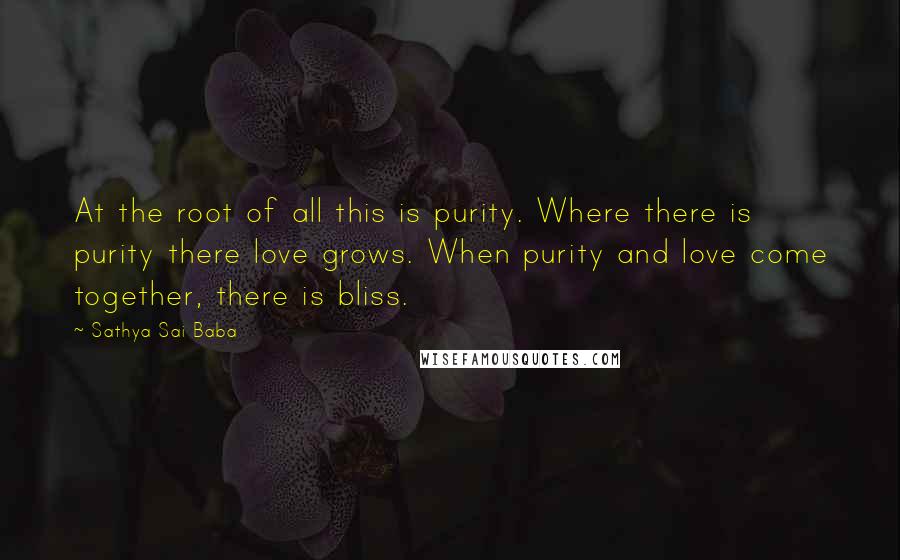 Sathya Sai Baba Quotes: At the root of all this is purity. Where there is purity there love grows. When purity and love come together, there is bliss.