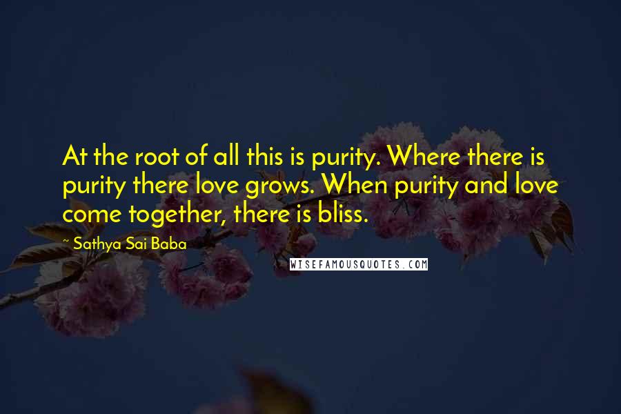 Sathya Sai Baba Quotes: At the root of all this is purity. Where there is purity there love grows. When purity and love come together, there is bliss.