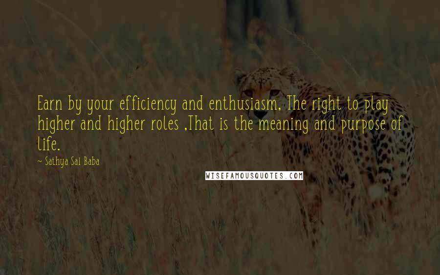 Sathya Sai Baba Quotes: Earn by your efficiency and enthusiasm, The right to play higher and higher roles ,That is the meaning and purpose of life.