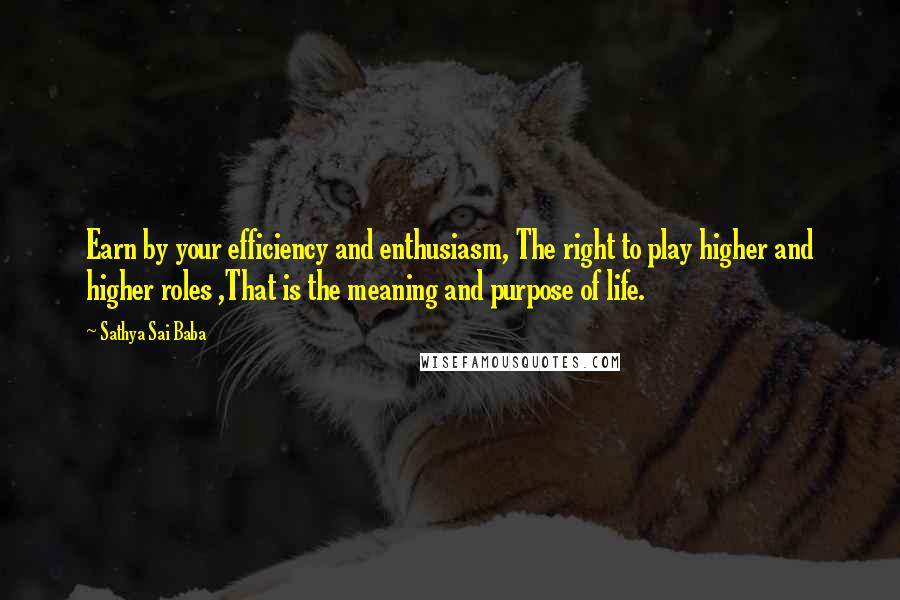 Sathya Sai Baba Quotes: Earn by your efficiency and enthusiasm, The right to play higher and higher roles ,That is the meaning and purpose of life.