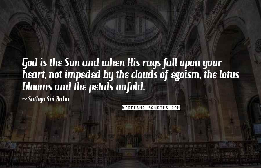Sathya Sai Baba Quotes: God is the Sun and when His rays fall upon your heart, not impeded by the clouds of egoism, the lotus blooms and the petals unfold.